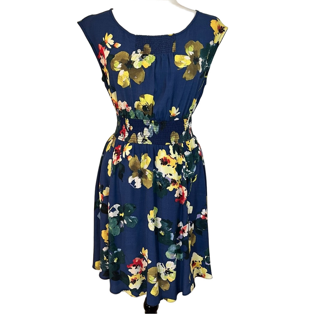 MAEVE Anthropologie Evaline Dress XS Blue Floral Fit & Flare Smocked Summer